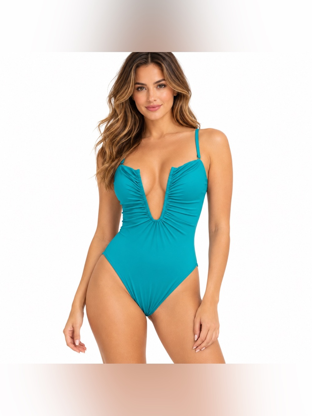 Ramy Brook Women’s Turquoise Blue Ruched Plunge V-Neck One Piece Swimsuit SZ - S